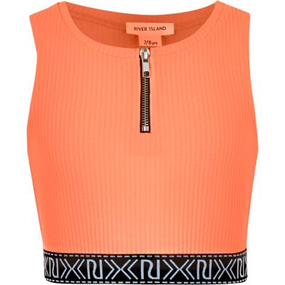 Girls orange branded zip crop top